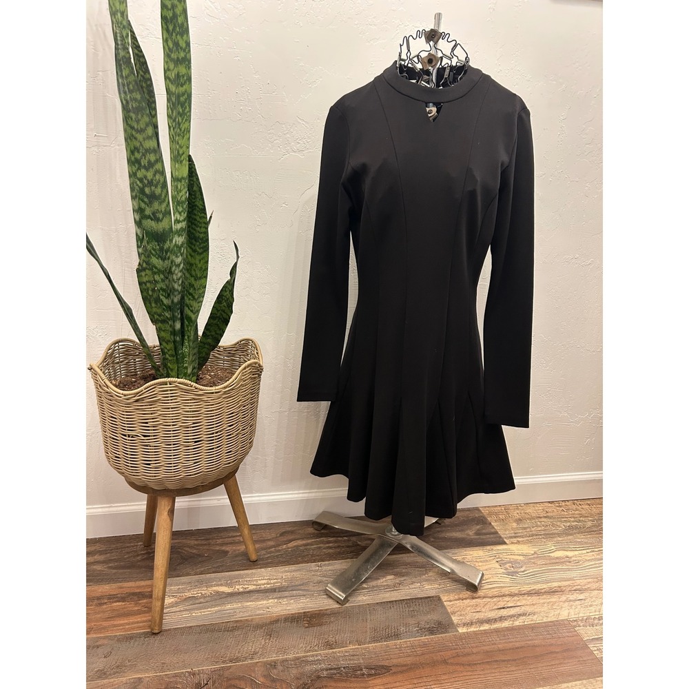 Nicole Miller Collection Black Long Sleeve Mini Dress Keyhole Mock Neck Small